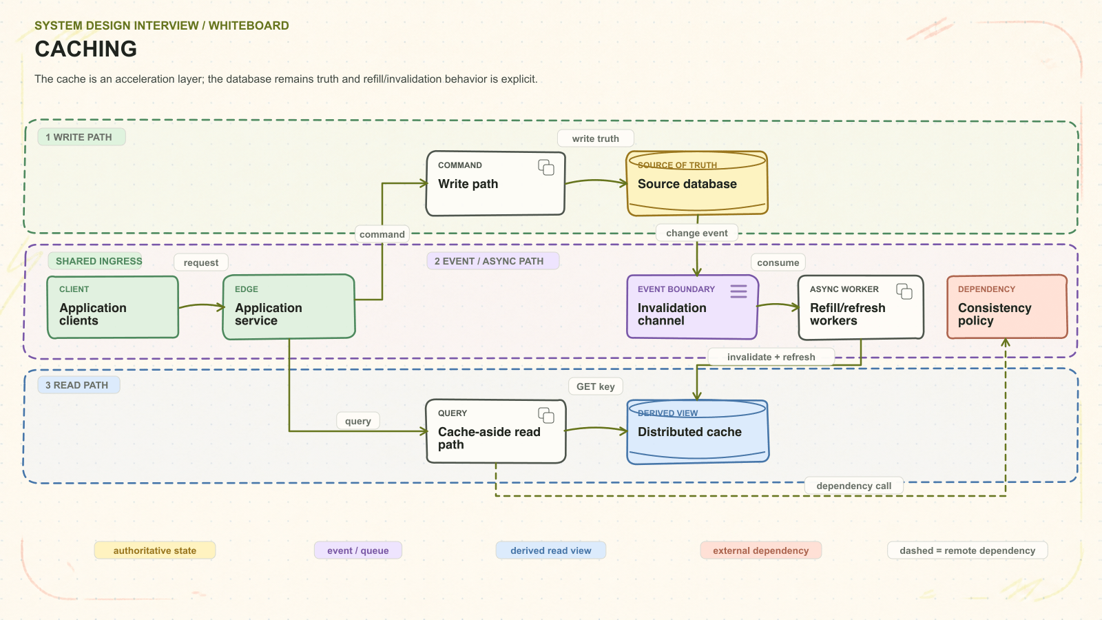 Caching system architecture. The cache is an acceleration layer; the database remains truth and refill/invalidation behavior is explicit. Request path: Application clients to Application service to Write path to Source database. Asynchronous path: Invalidation channel to Refill/refresh workers. Read path: Cache-aside read path to Distributed cache. External dependency: Consistency policy.