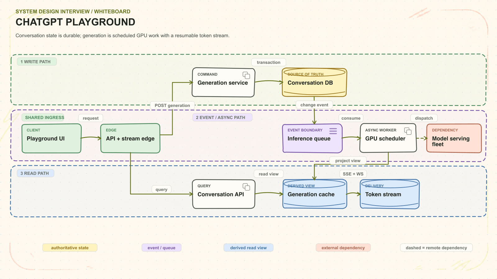 ChatGPT Playground system architecture. Conversation state is durable; generation is scheduled GPU work with a resumable token stream. Request path: Playground UI to API + stream edge to Generation service to Conversation DB. Asynchronous path: Inference queue to GPU scheduler. Read path: Conversation API to Generation cache. External dependency: Model serving fleet. Delivery path: Token stream.