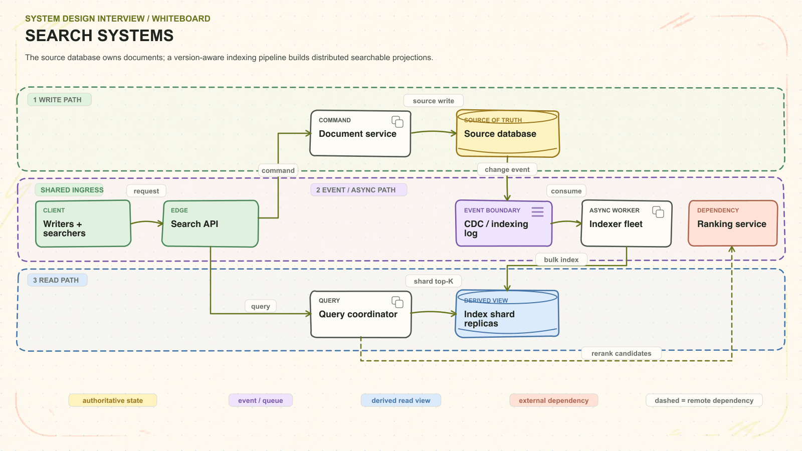 Search systems system architecture. The source database owns documents; a version-aware indexing pipeline builds distributed searchable projections. Request path: Writers + searchers to Search API to Document service to Source database. Asynchronous path: CDC / indexing log to Indexer fleet. Read path: Query coordinator to Index shard replicas. External dependency: Ranking service.